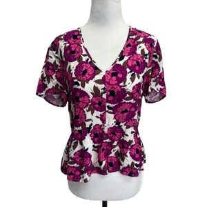 Frank & Oak Pink Floral V-Neck Peplum Top Size XS